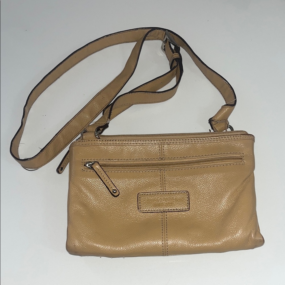 Tignanello Tan Pebbled Leather Multi-Pocketed Crossbody Bag